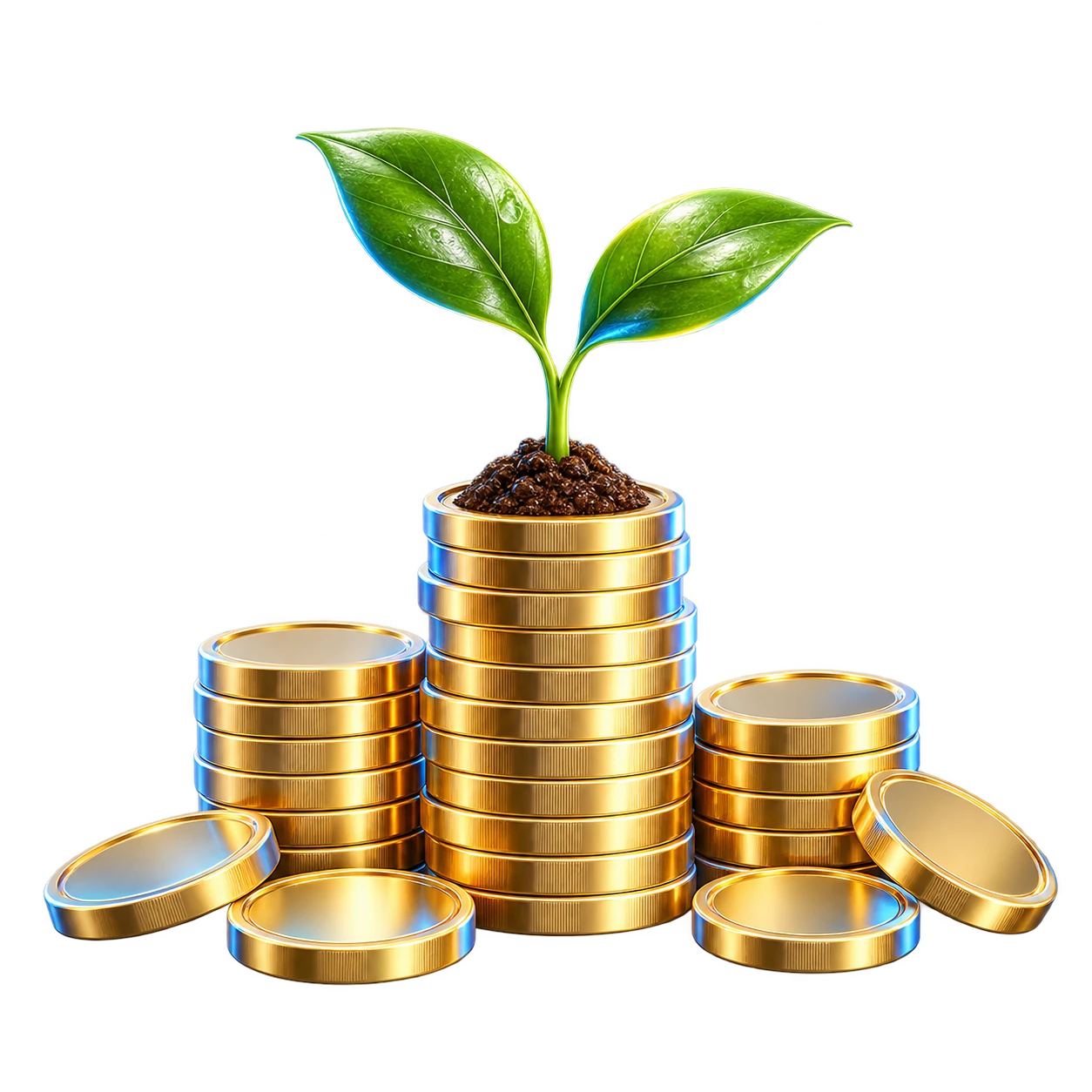 Green seedling growing from gold coins